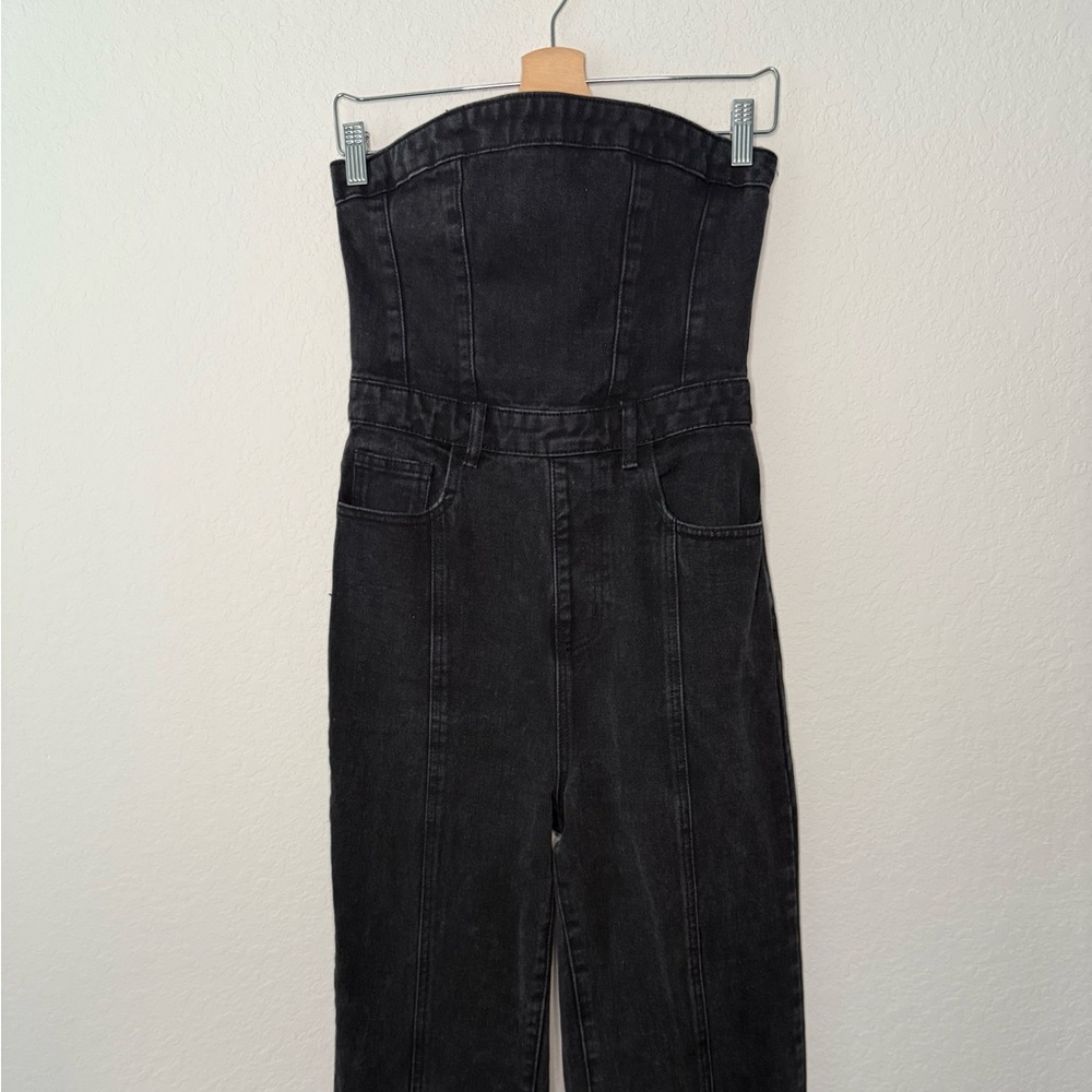 PrettyLittleThing Charcoal‎ Denim Strapless Jumpsuit